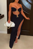 Sexy Solid Backless Slit Strapless Sleeveless Two Pieces