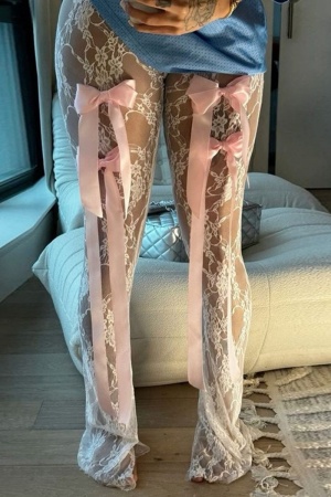 Sexy Patchwork See-through With Bow Skinny High Waist Conventional Patchwork Trousers