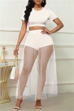 Casual Solid See-through Beading O Neck Short Sleeve Three Piece Set