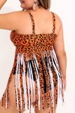 Sexy Print Leopard Tassel Backless Spaghetti Strap Plus Size Swimwear (With Paddings)