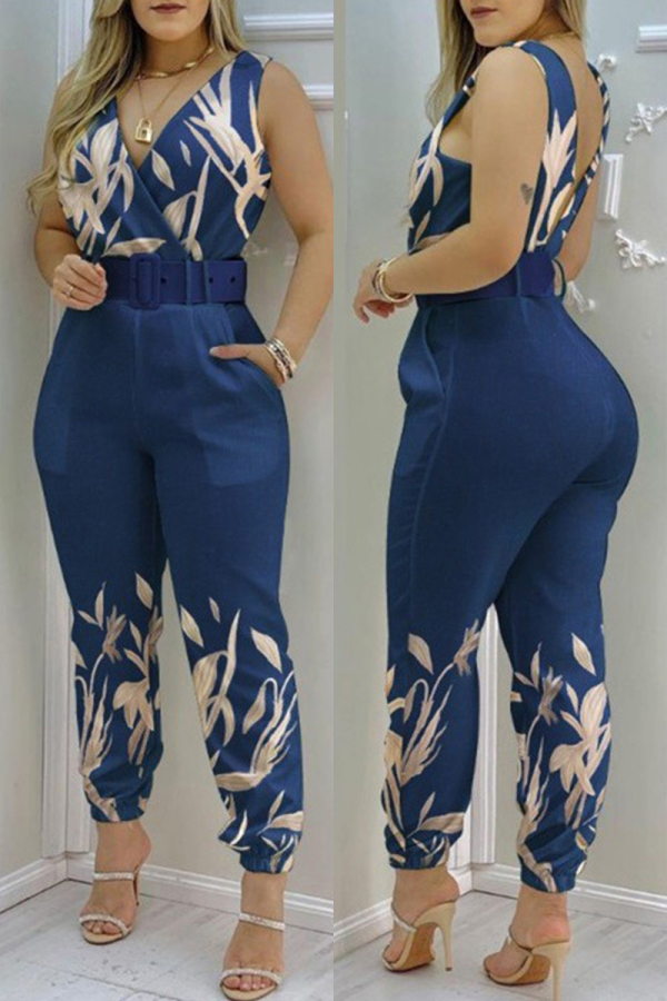 Casual Print Solid Patchwork Backless V Neck Skinny Jumpsuits (With Belt)