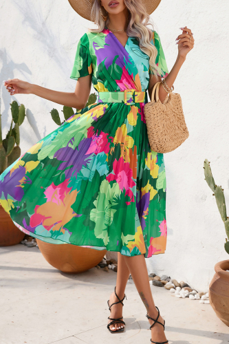 Elegant Floral With Belt Pleated V Neck Pleated Dresses