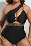 Sexy Solid Hollowed Out Patchwork Backless Oblique Collar Plus Size Swimwear (With Paddings)