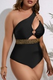 Sexy Solid Hollowed Out Patchwork Backless Oblique Collar Plus Size Swimwear (With Paddings)
