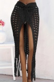 Sexy Solid Tassel Hollowed Out Draw String Frenulum See-through Swimwears Cover Up