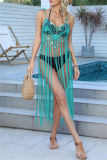 Sexy Solid Tassel Bandage Hollowed Out Sequins Backless Swimwears Cover Up