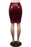 Wine Red Sequin Patchwork Hip skirt