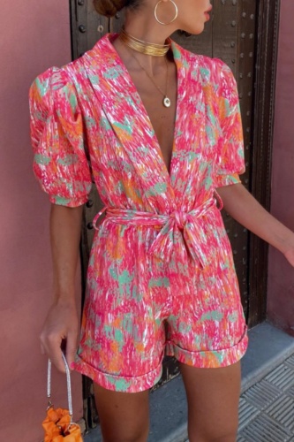 Casual Print Frenulum V Neck Regular Rompers