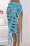 Sexy Solid Tassel Hollowed Out Draw String Frenulum See-through Swimwears Cover Up
