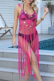 Sexy Solid Tassel Bandage Hollowed Out Sequins Backless Swimwears Cover Up