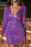 Sexy Casual Party Solid Tassel Sequins V Neck Long Sleeve Dresses
