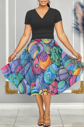 Casual Print Patchwork V Neck Short Sleeve Dress