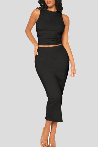 Casual Solid Patchwork O Neck Sleeveless Two Pieces