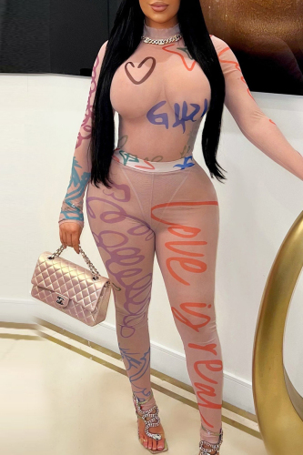Sexy Print Patchwork See-through O Neck Long Sleeve Two Pieces