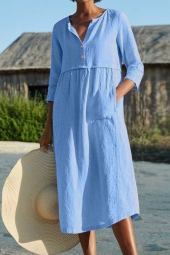 Baby Blue Fashion Casual Solid Patchwork O Neck A Line Dresses