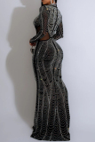 Elegant Patchwork See-through Hot Drill Zipper Half A Turtleneck Long Dress Dresses