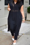 Casual Solid See-through Slit V Neck Plus Size Tops (Without Pants)