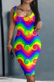 Rainbow Color Block Sexy U Neck Bodycorn Midi Vest Dresses