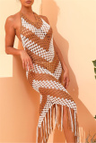 Sexy Patchwork Tassel Hollowed Out Frenulum See-through Backless Swimwears Cover Up