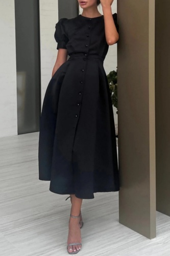 Casual Solid Buttons O Neck Short Sleeve Dress