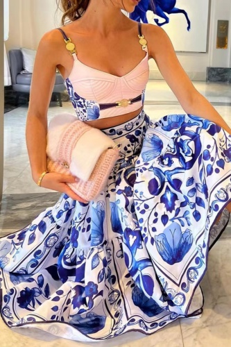 Casual Print Patchwork Backless Spaghetti Strap Sleeveless Two Pieces