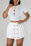 Casual Solid Hollowed Out Pleated O Neck Short Sleeve Two Pieces