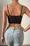 Sexy Solid Lace Patchwork Backless Pearl Spaghetti Strap Tops