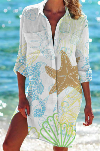 Casual Print Patchwork Buckle Turndown Collar Tops