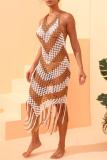 Sexy Patchwork Tassel Hollowed Out Frenulum See-through Backless Swimwears Cover Up