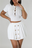 Casual Solid Hollowed Out Pleated O Neck Short Sleeve Two Pieces