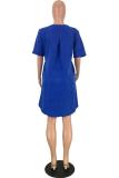 Blue adult Sexy Fashion Cap Sleeve Half Sleeves O neck Straight Knee-Length Solid Patchwork Ca