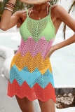 Sexy Patchwork Hollowed Out See-through Backless Contrast Swimwears Cover Up