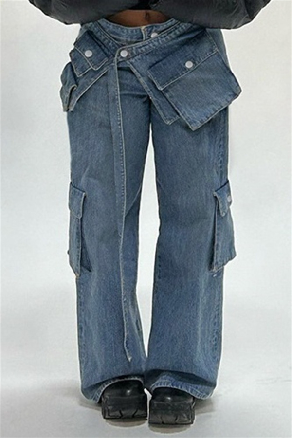 Casual Solid Patchwork Pocket High Waist Regular Denim Jeans