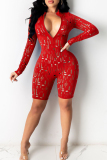 Sexy Solid Ripped Patchwork Zipper Zipper Collar Skinny Rompers