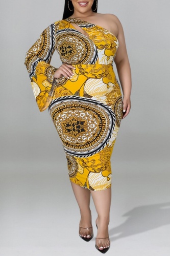 Casual Print Hollowed Out Backless Oblique Collar Irregular Dress Plus Size Dresses