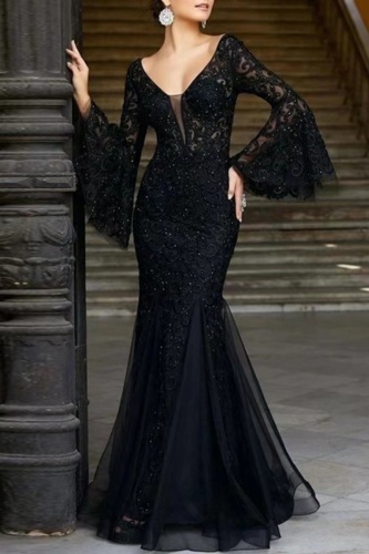 Sexy Formal Solid Patchwork V Neck Trumpet Mermaid Dresses