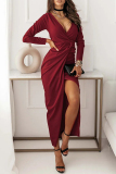 Celebrities Elegant Solid Slit Fold V Neck Irregular Dress Dresses