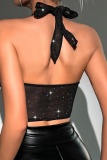 Sexy Solid Patchwork See-through Backless Halter Tops