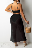 Sexy Solid Draw String Frenulum Backless Spaghetti Strap Sleeveless Two Pieces