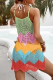 Sexy Patchwork Hollowed Out See-through Backless Contrast Swimwears Cover Up