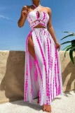 Sleeveless Backless Halter Crop Top and High Slit Maxi Skirt Vacation Beach Swimsuit Three Piece Set With Paddings