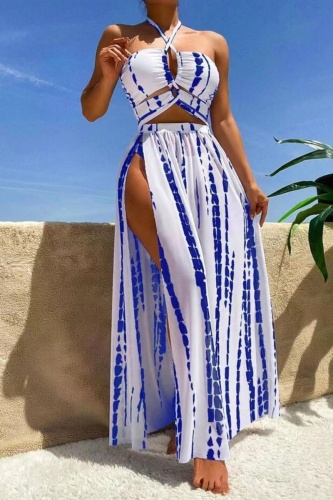 Sleeveless Backless Halter Crop Top and High Slit Maxi Skirt Vacation Beach Swimsuit Three Piece Set With Paddings