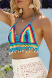 Sexy Patchwork Frenulum Backless Contrast Weave Swimwears Cover Up