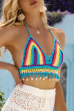 Sexy Patchwork Frenulum Backless Contrast Weave Swimwears Cover Up