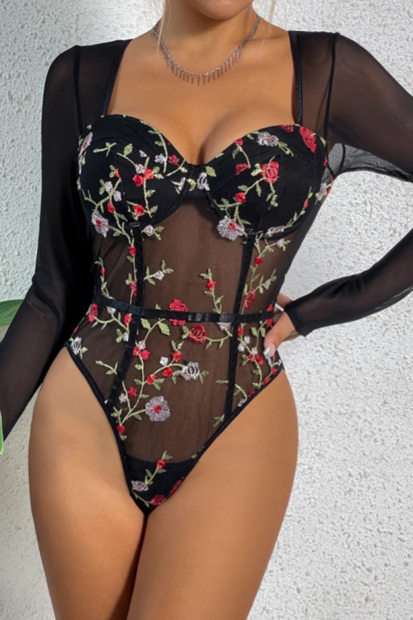Sexy Embroidery See-through Square Collar Skinny Bodysuits