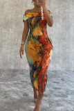 Tie Dye Pattern Off Shoulder Vacation Bodycon Maxi Dress