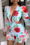 Casual Print Hollowed Out Patchwork V Neck Long Sleeve Dresses