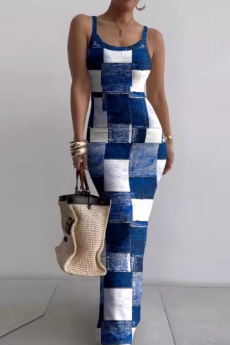 Sexy Plaid Print Basic Spaghetti Strap Long Dress Dresses