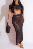 Sexy Solid Tassel Hollowed Out Backless Off the Shoulder Short Sleeve Two Pieces