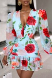 Casual Print Hollowed Out Patchwork V Neck Long Sleeve Dresses